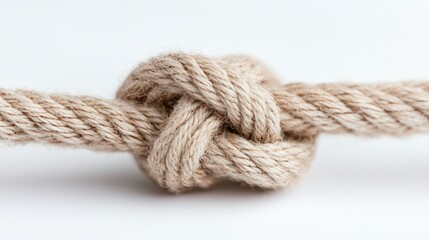 Close up of a knot tied in light beige rope