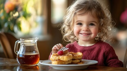 Little girl sitting at a table enjoying a slice of cake with a joyful expression on her face