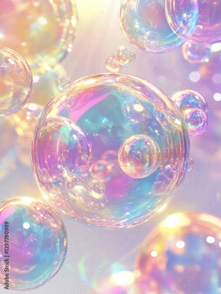 Poster Colorful soap bubbles create a mesmerizing visual pattern in sunlight with shimmering reflections and soft colors. Generative AI