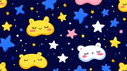 Cute Sleepy Bears Among Colorful Stars on Dark Background