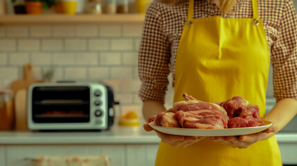 A young woman in a yellow apron is holding a plate with raw meat and chicken. A grilling machine is on the table against the light kitchen interior, which also includes a radio set.