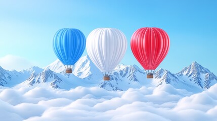 Obraz premium Colorful hot air balloons hovering over snowy mountain peaks a picturesque journey through the clouds above majestic summits rendering
