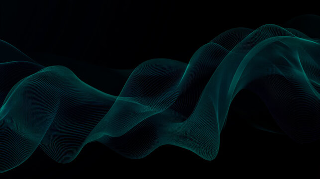 Abstract background vector illustration, with blue and teal lines on a black background, a wave-shaped design with a gradient effect, elegant curves, in a digital art style, high resolution, and a wid