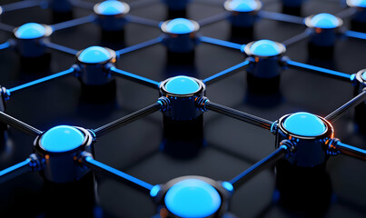 Blue Nodes Connected by Thin Lines in a Dark Background Pattern