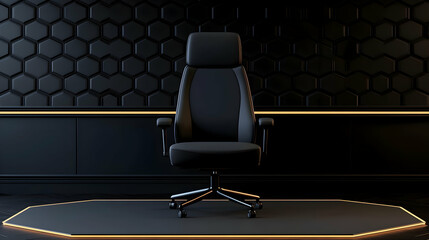 Sleek Black Office Chair Set Against Modern Dark Wall Design