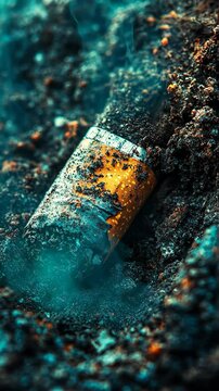 Old cigarette butt half buried in the soil surrounded by smoke and dirt particles under dim light