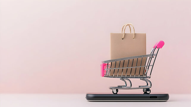 Miniature Shopping Cart With Paper Bag Placed Over a Smartphone on a Pink Backdrop