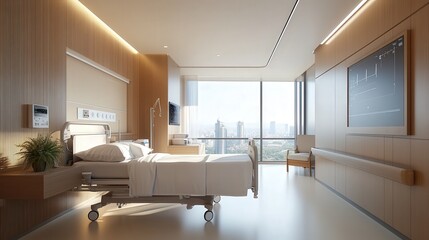 hospital suite with a minimalist aesthetic, featuring a touchless automation system, soft LED mood lighting,