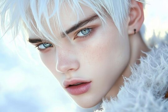 The face of an androgynous handsome young man. White hair, freckles. Close-up