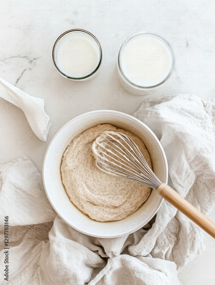Leinwandbilder mixing batter in a bowl with milk and whisk on a marble countertop during daylight. generative ai