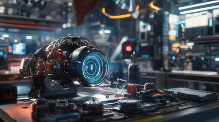 factory where an engineer uses an AR headset to visualize a holographic engine model, offering insights into advanced digital