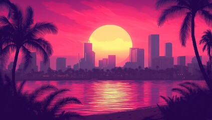 Pixel Art City Sunset with Palm Trees and Pink Sky