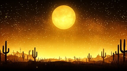 Fototapeta premium Golden Pixelated Desert Night Landscape Digital Artwork with Moon and Cactus Silhouette in a Pixel Art Retro Style Representation