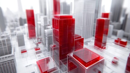 Abstract futuristic cityscape visualization with prominent red buildings and grayscale backdrop enhancing the modern architecture theme