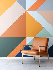 Modern geometric design chair against colorful wall interior contemporary bright space artistic viewpoint