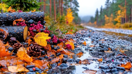 Obraz premium Autumn leaves, wet forest road, fallen logs, nature