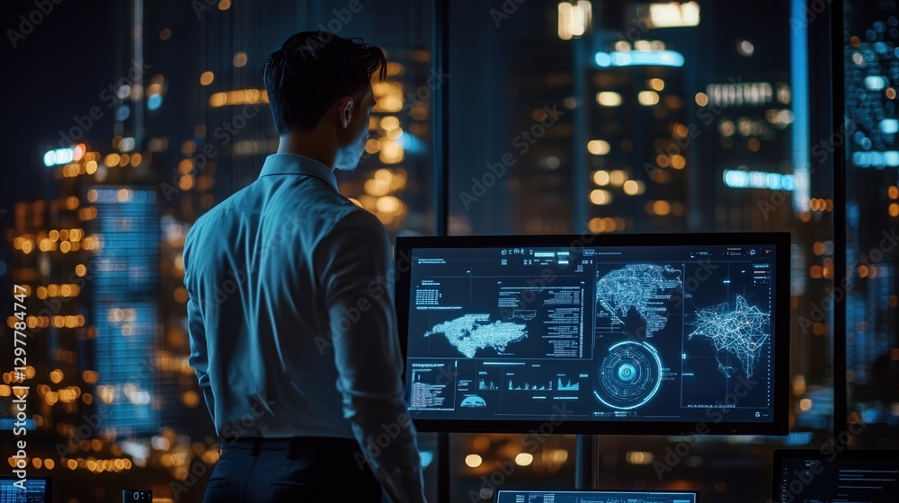 Poster business office with ai-enhanced data analysis tools and automated task management, while a chatbot 