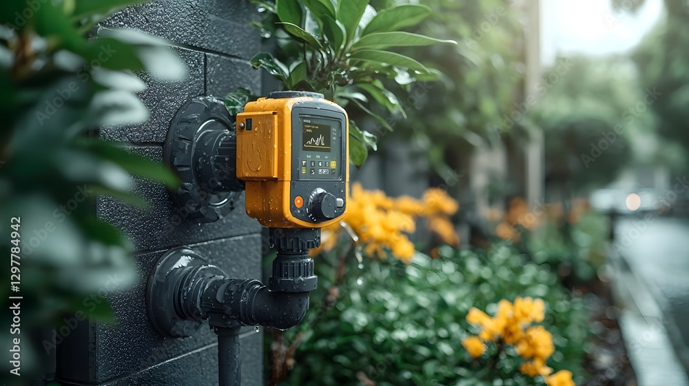Poster a high tech smart meter monitoring water usage in a household pipeline promoting responsible water c