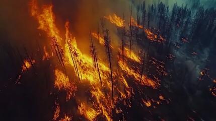 destruction of a forest fire through an aerial drone shot, highlighting the devastation