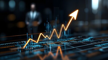 Dramatic Photograph of a High Tech Business Growth Graph with a Glowing Arrow Overlay Featuring the Blurred Outline of a Businessman in a Suit Captured in a Professional