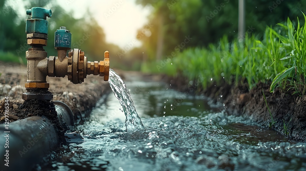 Poster photograph of a smart water pipeline system equipped with iot sensors monitoring real time water flo