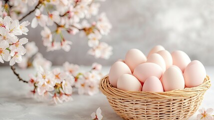 Easter egg basket in spring decoration A basket of pink eggs beside delicate cherry blossoms on a soft background.