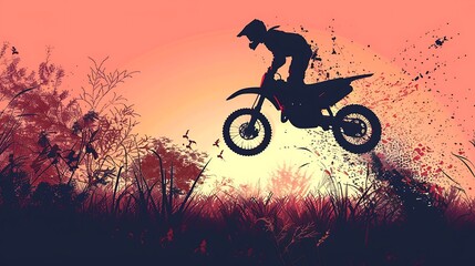 Naklejka premium Silhouette of a Motorcyclist Jumping Against a Fiery Sunset Background