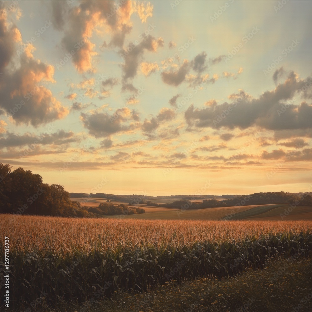 Poster vibrant sunset over cornfields in a rural landscape with rolling hills and dynamic clouds. generativ