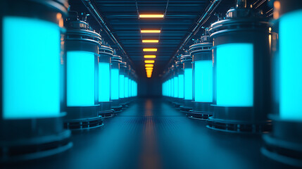 Fototapeta premium Hydrogen fuel cell production plant industrial environment illuminated technology facility innovative energy solutions futuristic viewpoint