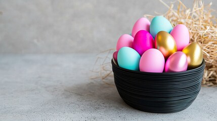 Easter egg basket in spring decoration Colorful Easter eggs in a black basket on a textured surface.