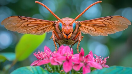 A large orange insect with long antennae and wings sits on a pink flower.