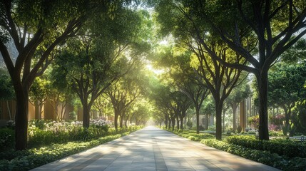 serene avenue lined with towering rain trees forming a natural green tunnel.