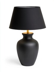 Black Table Lamp with Fabric Shade on White Backgrounds. Elegant