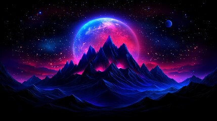 Obraz premium Vaporwave Mountainscape Under Distant Galactic Bloom Retro Future Aesthetic Digital Artwork Synthetic Scenery Cosmic Background Wallpaper
