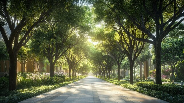 serene avenue lined with towering rain trees forming a natural green tunnel.