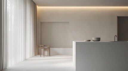 kitchen with smooth white counters and a folding screen near a white wall.