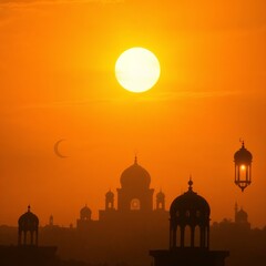 Golden Hour Mosque Silhouette: A breathtaking cityscape of mosques and minarets is silhouetted against the vibrant colors of a sunlit sky, bathed in the soft glow of the setting sun.