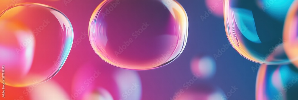 Poster Colorful bubbles floating in vibrant light create a mesmerizing visual display against a dark background. Generative AI