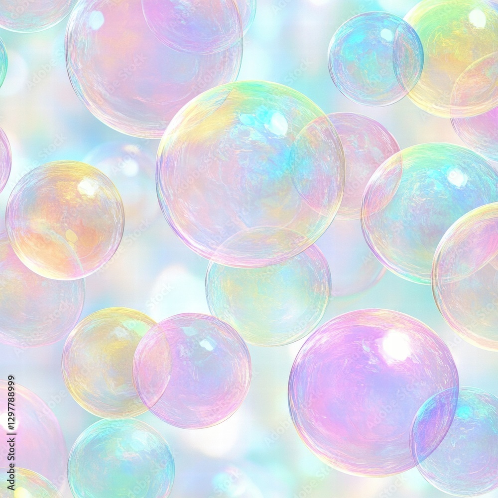 Aufkleber Colorful soap bubbles create a mesmerizing repeating pattern on a soft pastel background in bright, cheerful ambiance. Generative AI