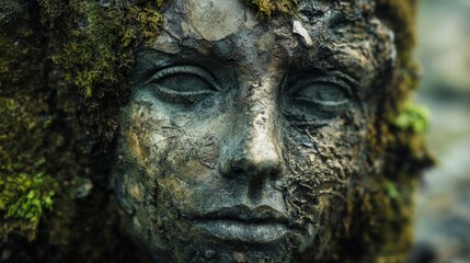 Close up of a stone statue of a woman's face with vines and moss growing on it.