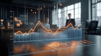 photo of a glowing financial graph surging upwards with a soft focus businessman figure in the background illuminated by warm cinematic lighting in a professional photography style