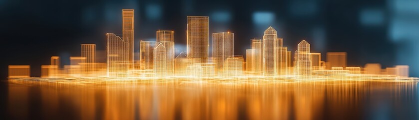Golden city skyline reflection.