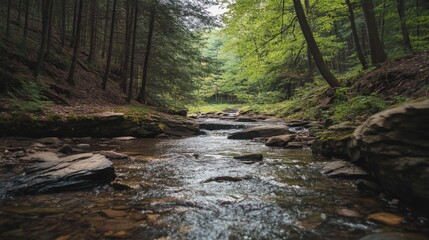 Obraz premium Tranquil stream flowing through a lush forest.