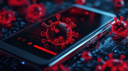 mobile phone with fake SMS phishing scams and malware infection spreading through red warning alerts