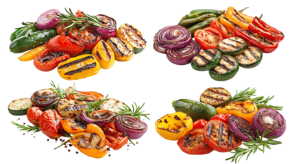 Set of delicious grilled vegetables with fresh herbs, isolated on transparent cutout background