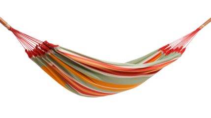 Relaxing Summer Hammock Scene Colorful Striped Fabric Hanging Between Trees Perfect for Vacation Travel and Relaxation Imagery