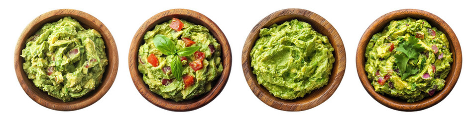 Set of delicious guacamole bowls with fresh ingredients, isolated on transparent cutout background