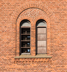 Window, bricks or frame with building of church, temple or sanctuary for architecture or industrial design. Empty, wood or pattern with symbol or detail texture of holy structure, sanctum or property