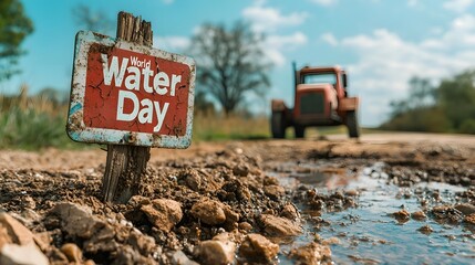 Close up photograph of cracked arid soil with a faded World Water Day sign in the background