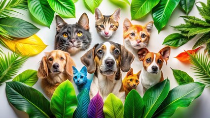 Naklejka premium Long Exposure Pet Photo, Rainbow Gradient, Flat Lay, Green Leaves, Asymmetrical Composition